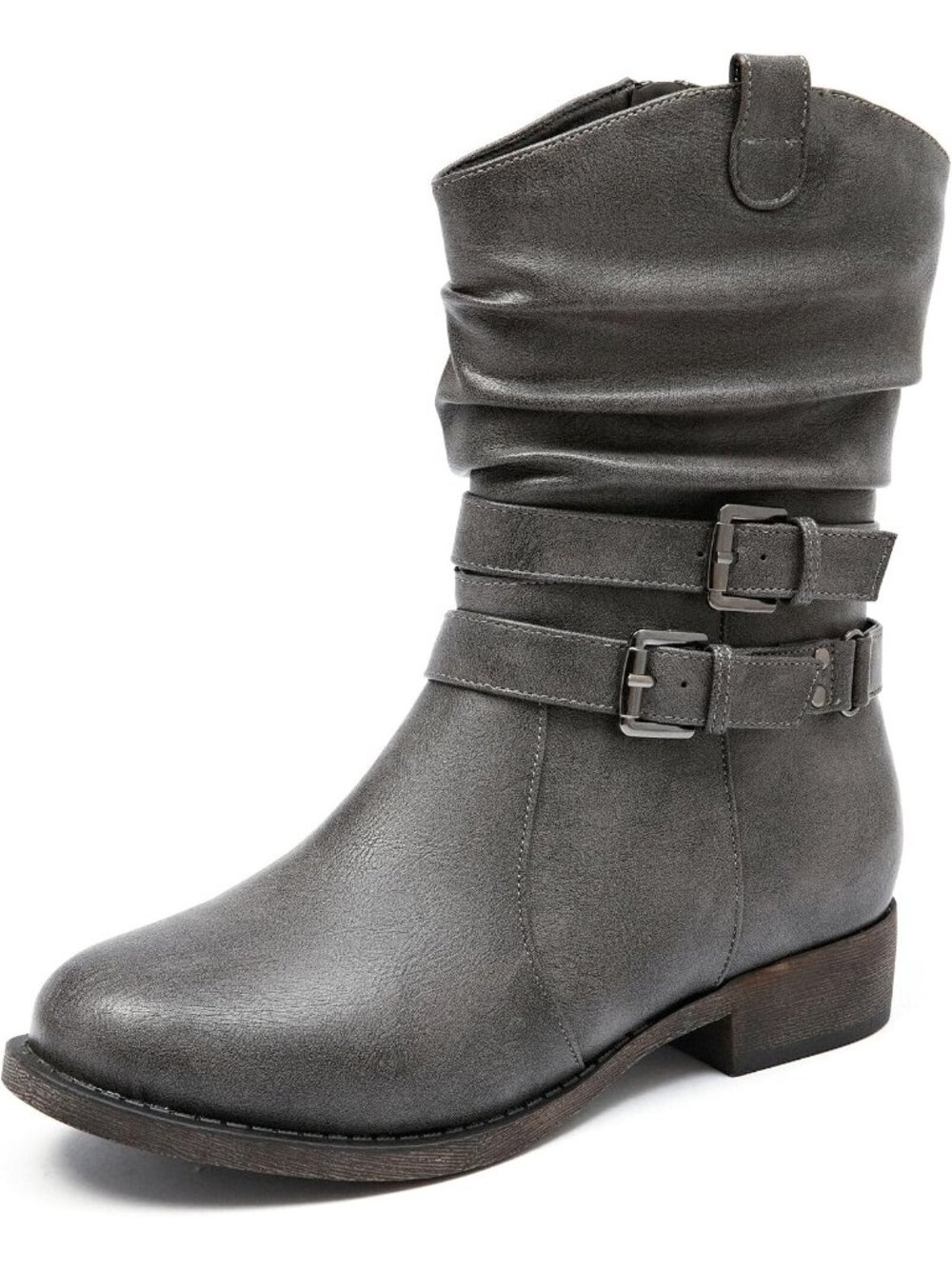Women's Grey Mid-Calf Boots Round Toe Low Heel Zipper Booties Cowgirl Boots